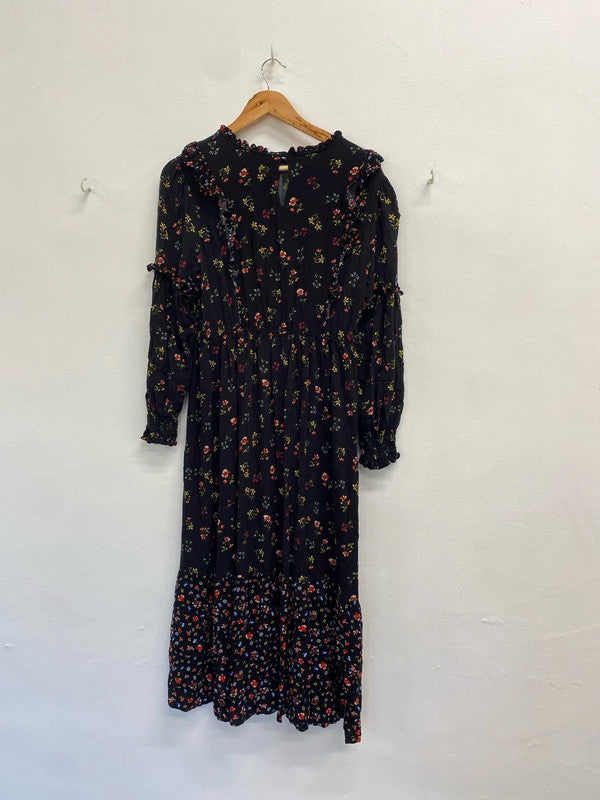 Gorgeous Marks & Spencer black floral midaxi smock dress UK 16 EP468