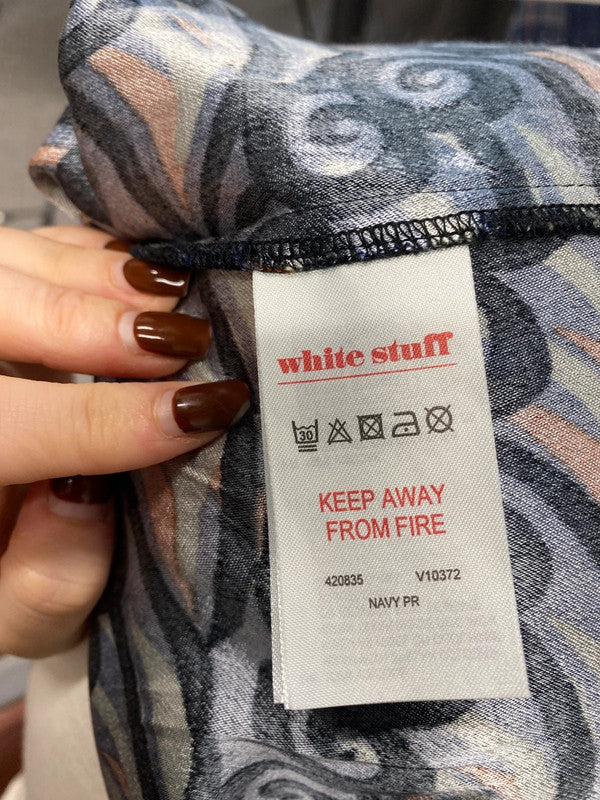 Gorgeous white stuff navy pattern midi dress cottage UK 16 JC470