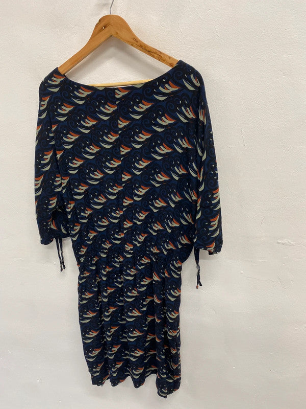 Gorgeous white stuff navy pattern midi dress cottage UK 16 JC470