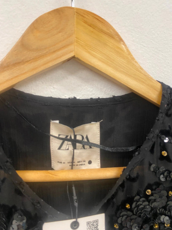 Fabulous Zara sequin open top jacket UkM Black Semi sheer KB474