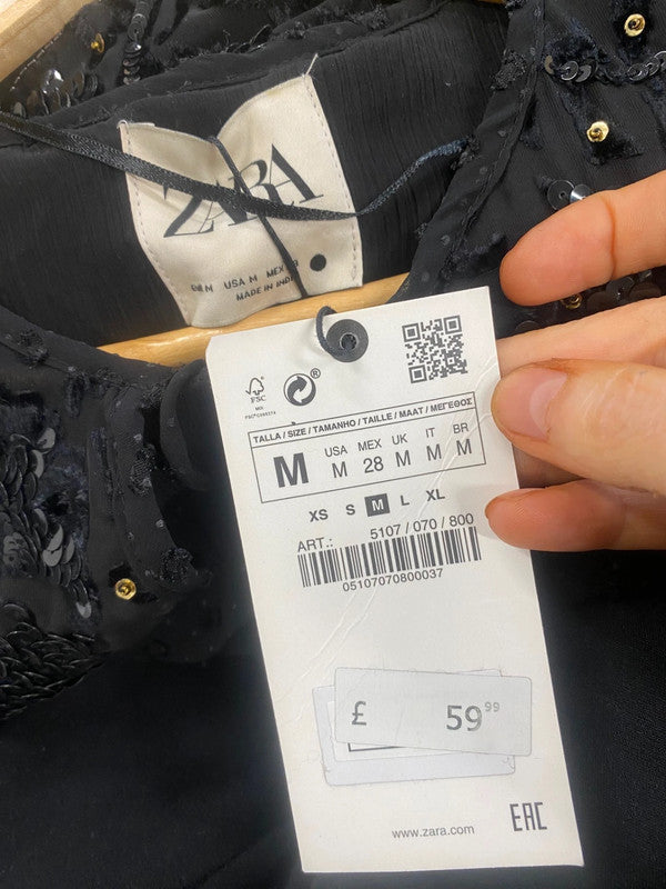 Fabulous Zara sequin open top jacket UkM Black Semi sheer KB474