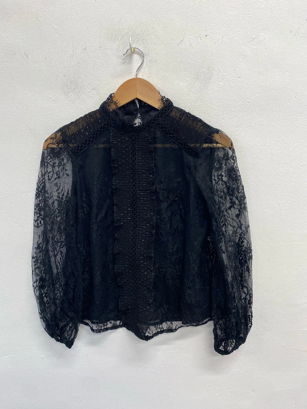 Stunning river island lace black front ruffle blouse UK S KM004