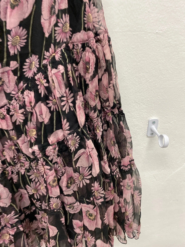 LK Bennett romantic Pure Silk floral tiered skirt mauve & black Uk10 SN002