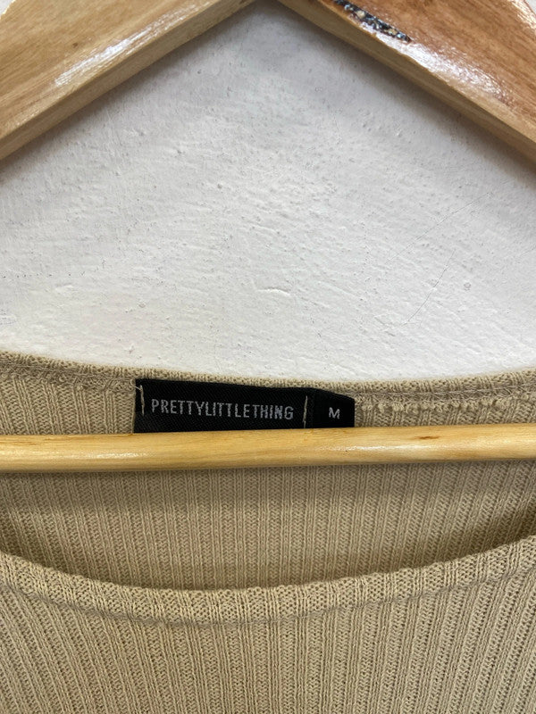 Pretty Little Thing Stylish Sand Ribbed Ruched Mini Dress Size M PJ001