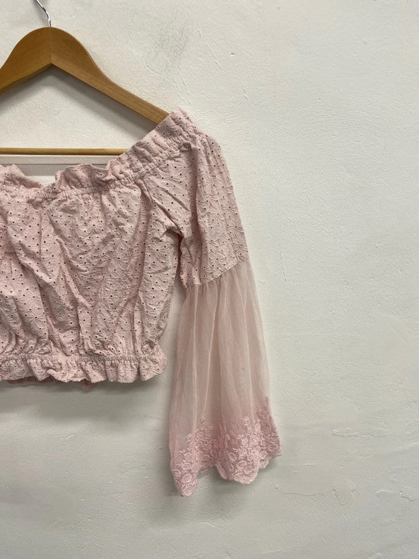 Fabulous river island fairytale pink lace sheer sleeve bardot top with tie neck UK S KM004