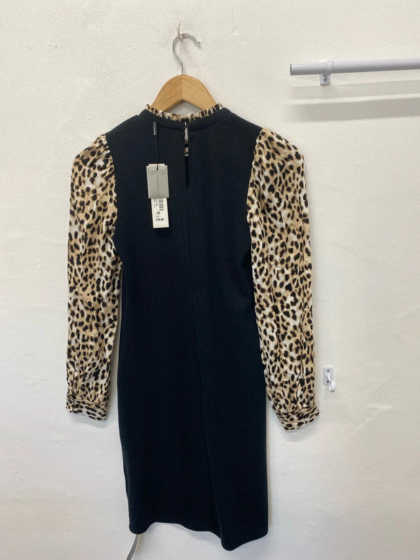 Roman leopard sleeved party dress Uk10 ruffle neck AO001