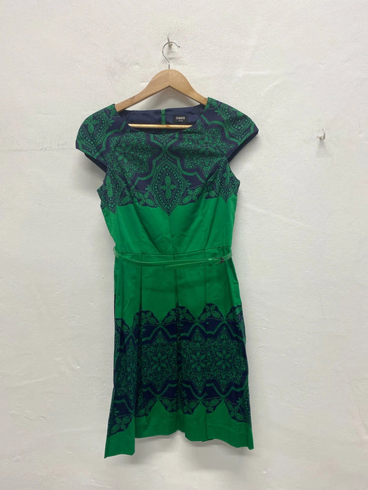 Stunning Oasis emerald Green Navy oriental party dress Uk10 MA003