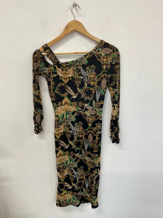 River Island Chic Black Asymmetric Ornate Pattern Midi Dress UK 8 KM004