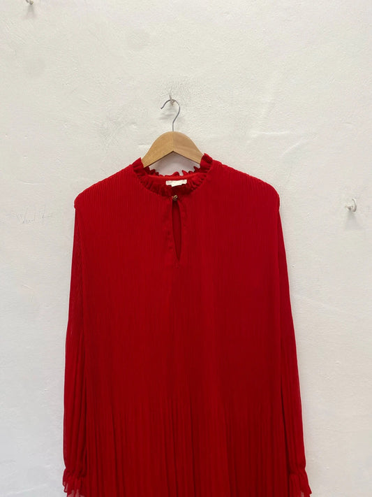 Stunning H&M red pleated maxi dress long sleeve UK 14 NC001