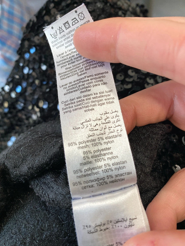 Fabulous New Look black sequin mini dress mesh straps Uk12 LL003