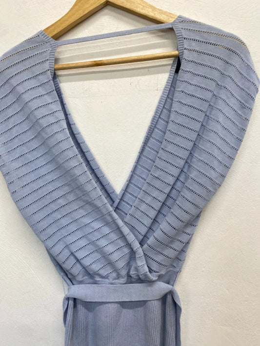 Lovely Karen Millen blue crochet low bust belted top UK S JM005