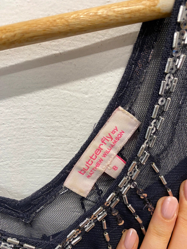 Lovely butterfly by Matthew Williamson beaded navy dress with slip UK 8 RF001