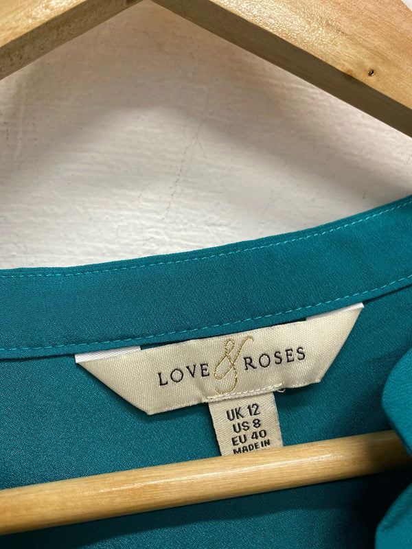 Fabulous love roses turquoise v neck blouse UK 12 GJ001