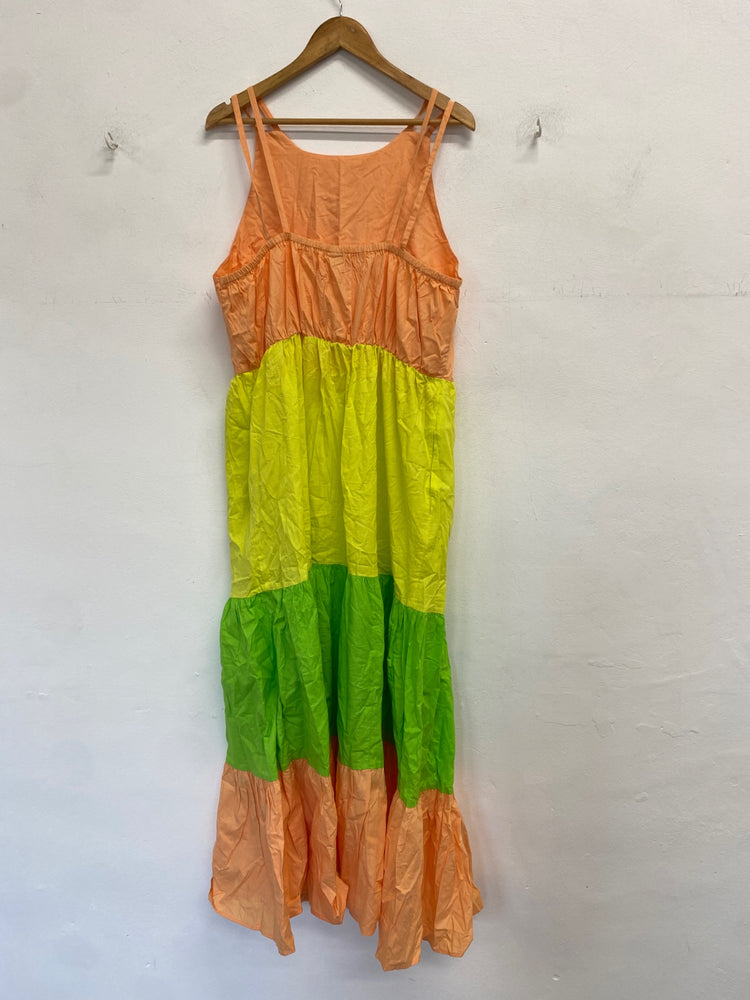 Gorgeous River island Maxi Dress UK 18 Peach, Yellow, Green stripe summer dress DF001