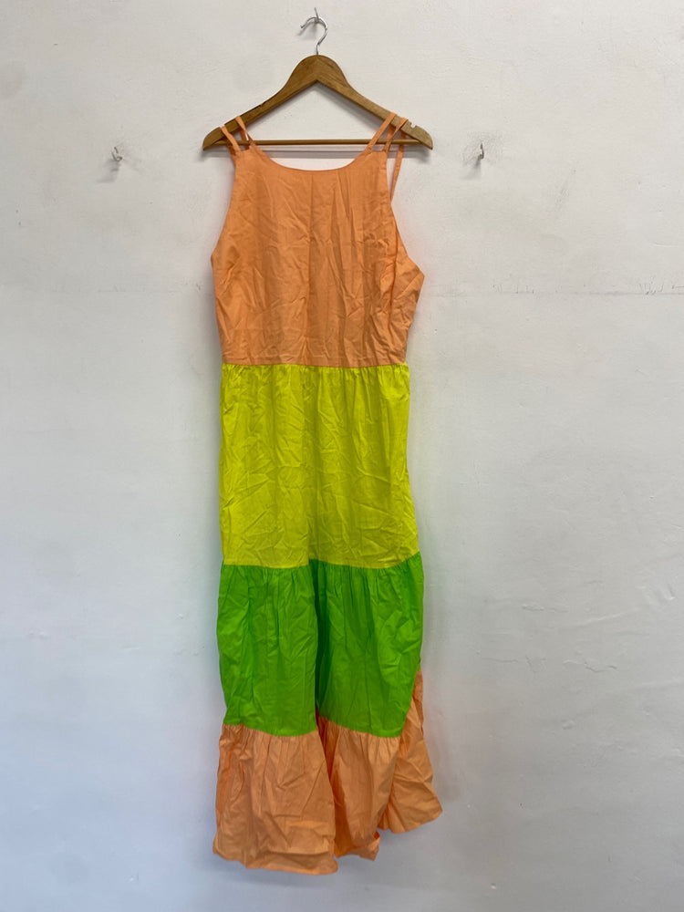 Gorgeous River island Maxi Dress UK 18 Peach, Yellow, Green stripe summer dress DF001