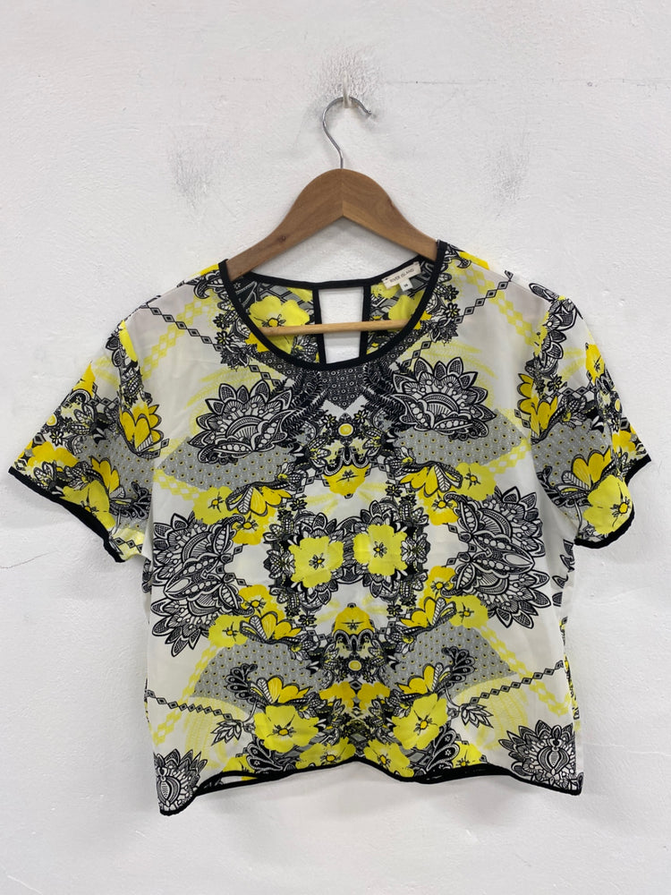 Stunning River Island Boho Blouse UK 14 Yellow & Black Paisley Print KM001