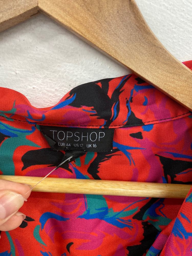 Gorgeous Topshop Satin Blouse UK 16 Red Multicolour Artsy Pattern KM001