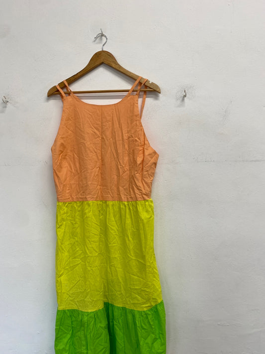 Gorgeous River island Maxi Dress UK 18 Peach, Yellow, Green stripe summer dress DF001