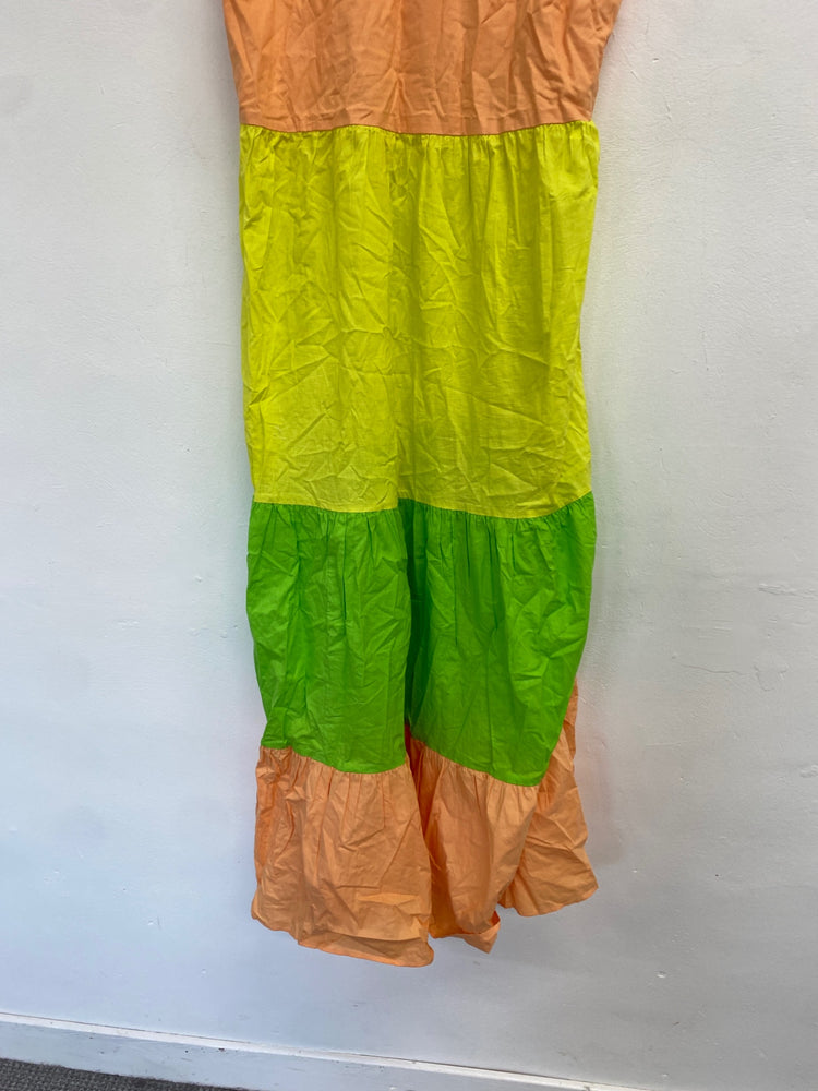 Gorgeous River island Maxi Dress UK 18 Peach, Yellow, Green stripe summer dress DF001