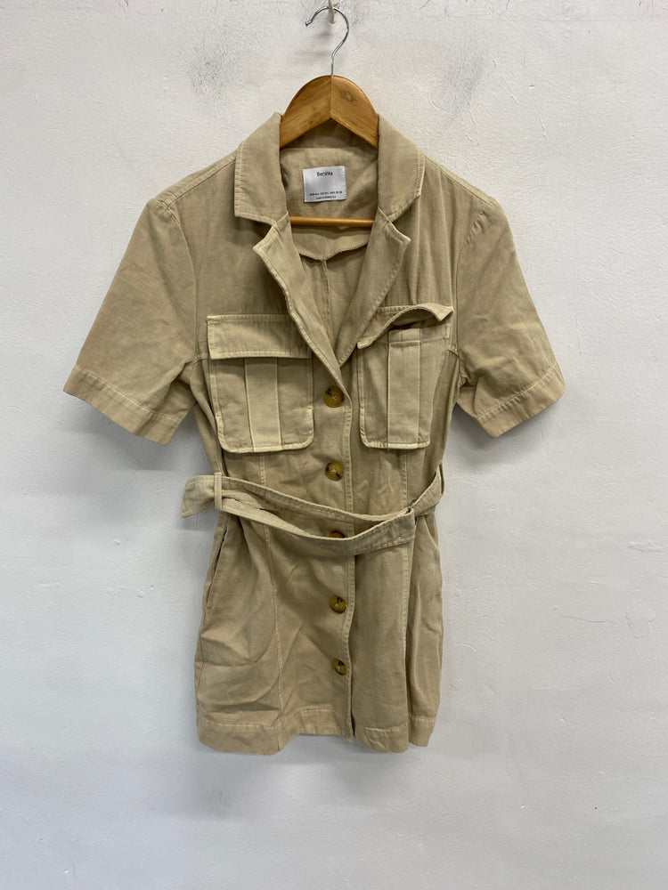 Gorgeous Bershka Dress S Beige button up belted safari dress CP002