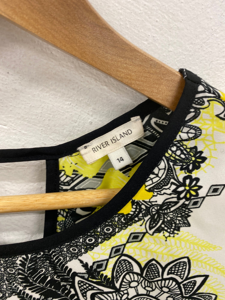 Stunning River Island Boho Blouse UK 14 Yellow & Black Paisley Print KM001