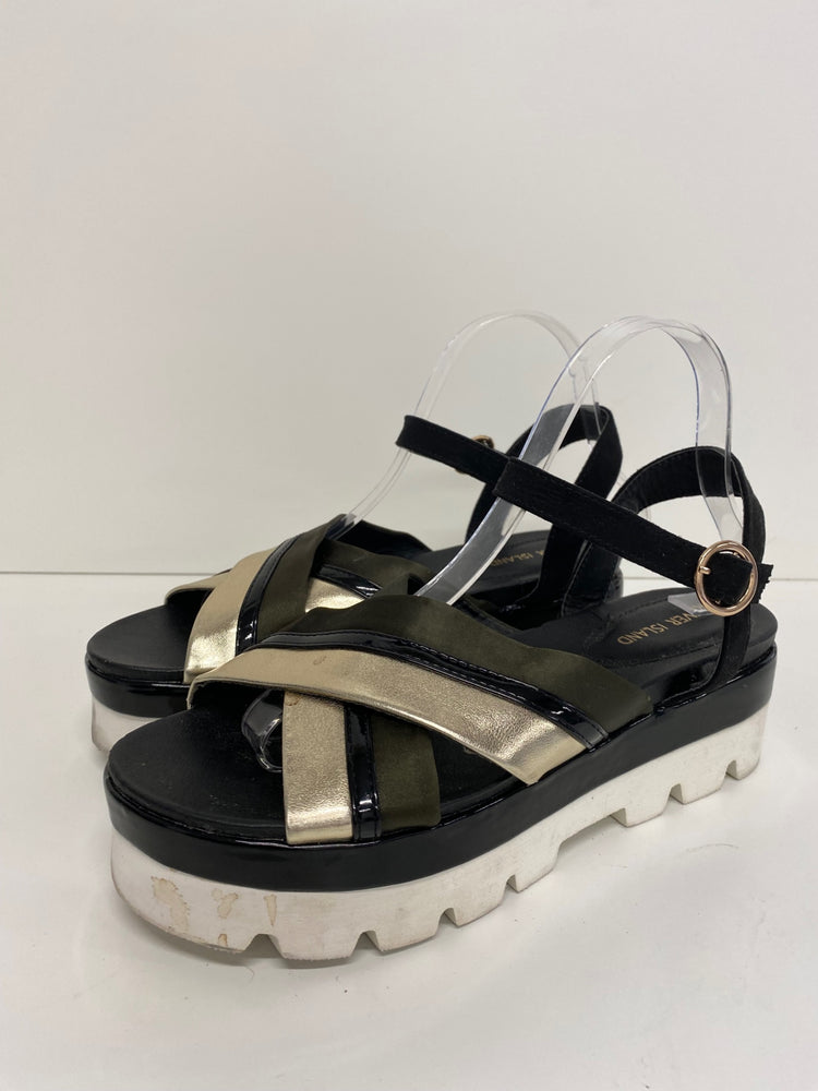 Gorgeous River island Sandals Uk7.5 Black khaki gold flat form DF001