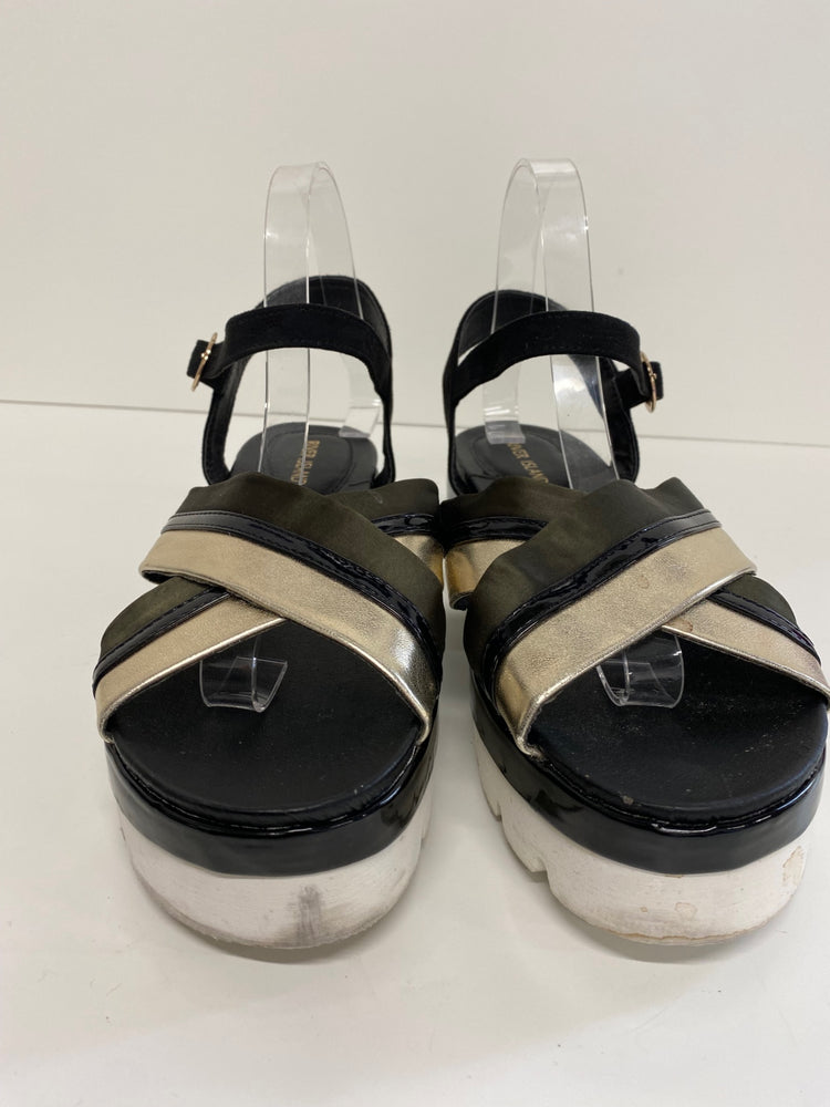 Gorgeous River island Sandals Uk7.5 Black khaki gold flat form DF001