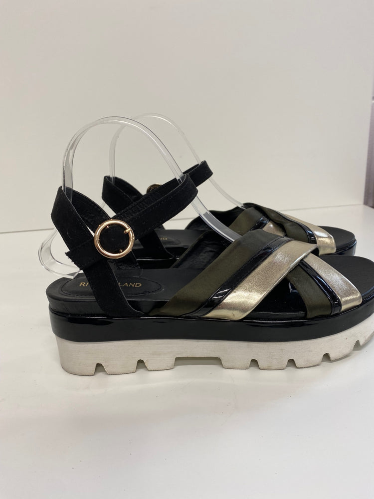 Gorgeous River island Sandals Uk7.5 Black khaki gold flat form DF001