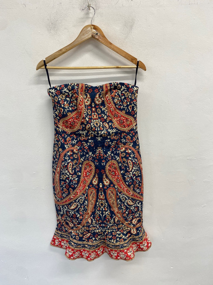 Stunning Comino couture Dress Uk 12 Paisley navy bandeau BB001