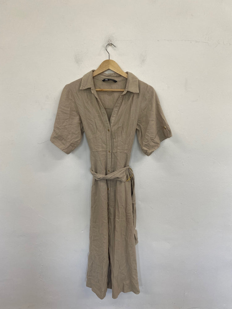 Classic Zara Midi Shirt Dress UK S Beige JB006