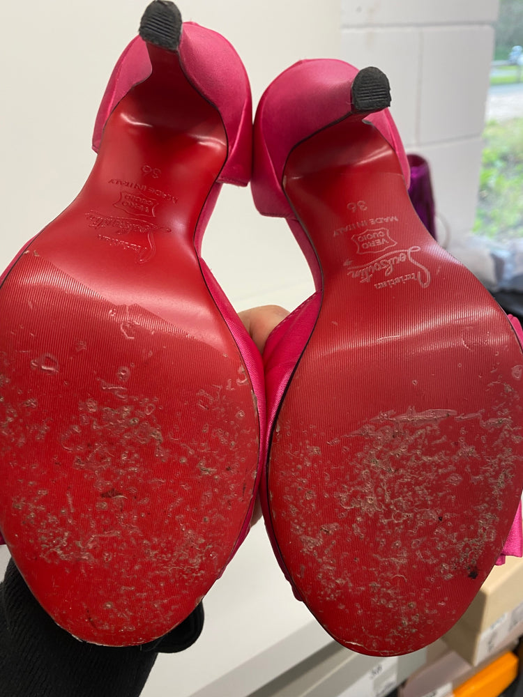 Classic Christian Louboutin High-heeled shoes UK3 Pink satin peep toe Bow BT001