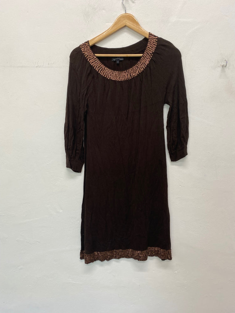 Fabulous Next Jumper Dress UK12 Brown & bronze embellished neckline BT001