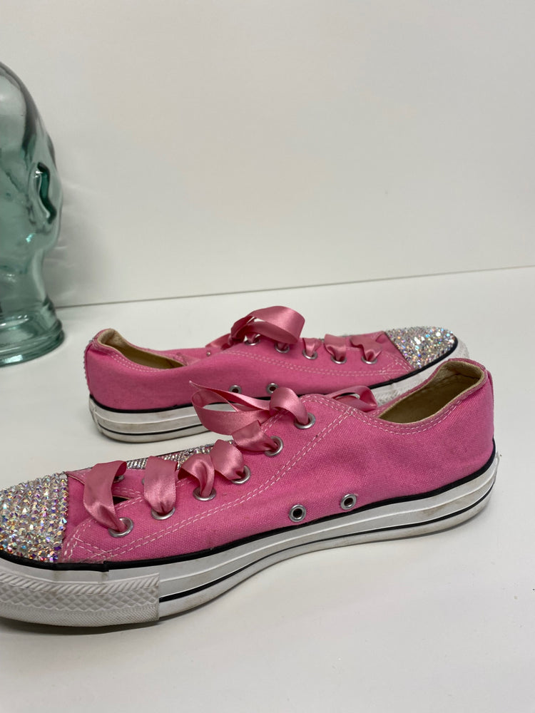 Fabulous Converse Swarovski customs Sneakers Uk8 Pink & silver with Ribbons LK006