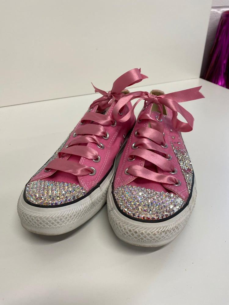 Fabulous Converse Swarovski customs Sneakers Uk8 Pink & silver with Ribbons LK006