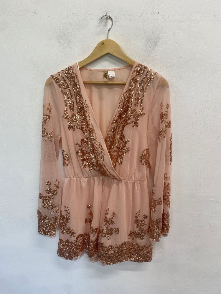 Fabulous H&M Dress UK12 Pink sparkle midi low bust floaty dress GC003