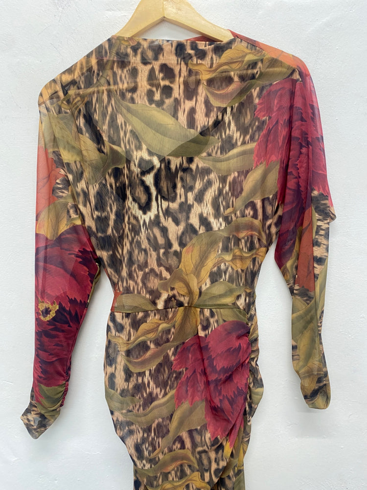 Fabulous Kew next collection semi sheer Maxi Dress UK6 Khaki burgundy VT002