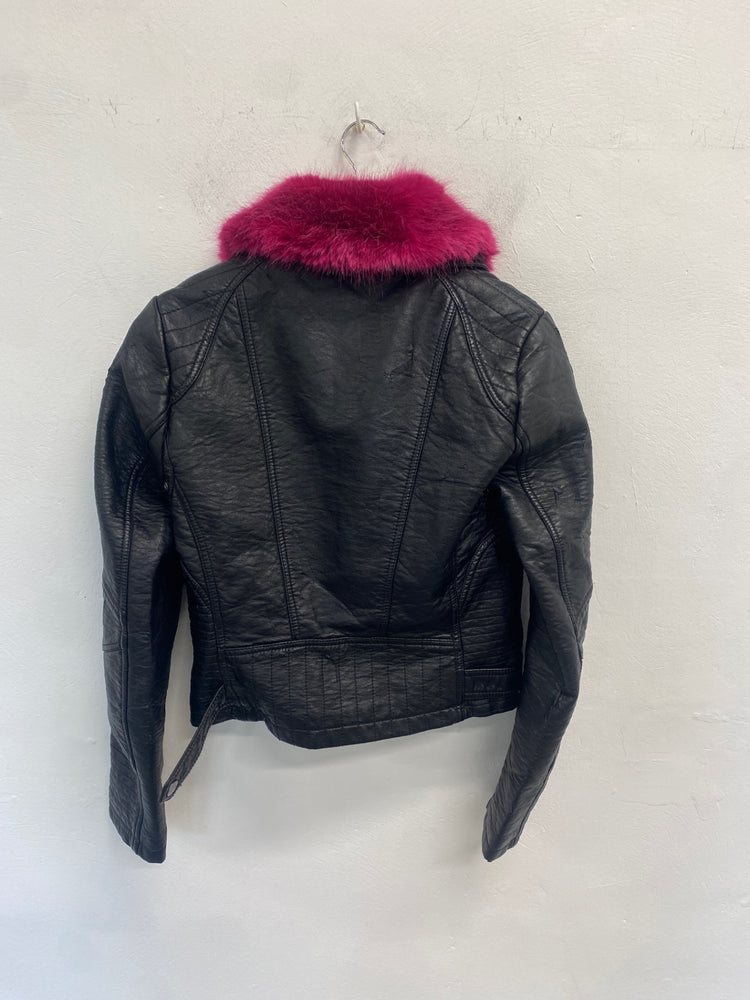 Fabulous H By Henry holland Leather Jacket UK8 Black pink fur collar GC003