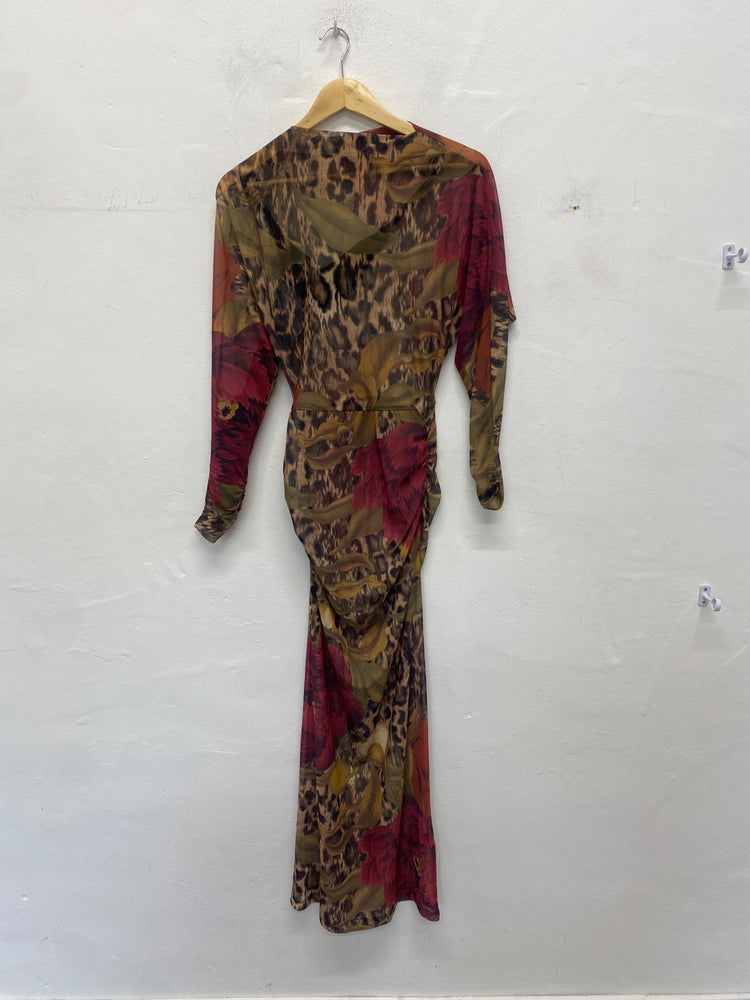 Fabulous Kew next collection semi sheer Maxi Dress UK6 Khaki burgundy VT002