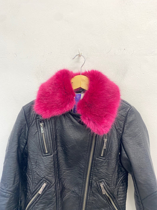 Fabulous H By Henry holland Leather Jacket UK8 Black pink fur collar GC003