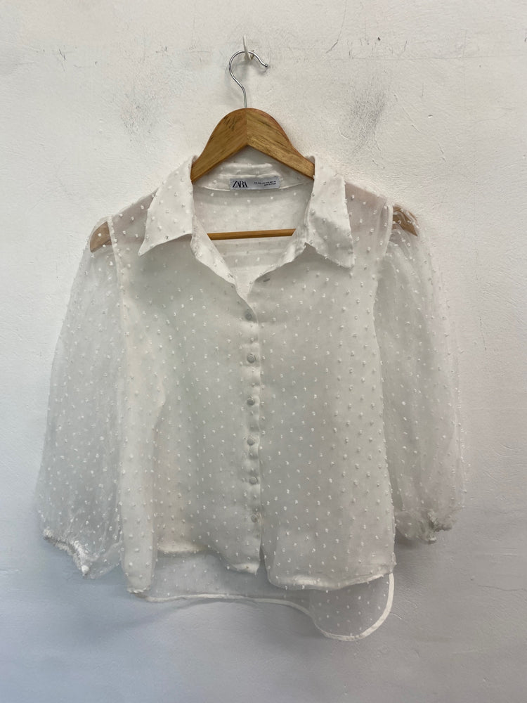 Gorgeous Zara Blouse UK XXL White spotted semi sheer DF001