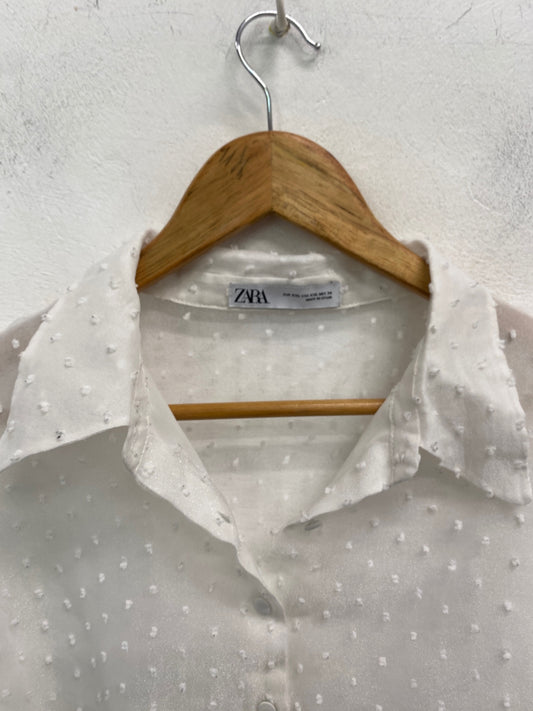 Gorgeous Zara Blouse UK XXL White spotted semi sheer DF001
