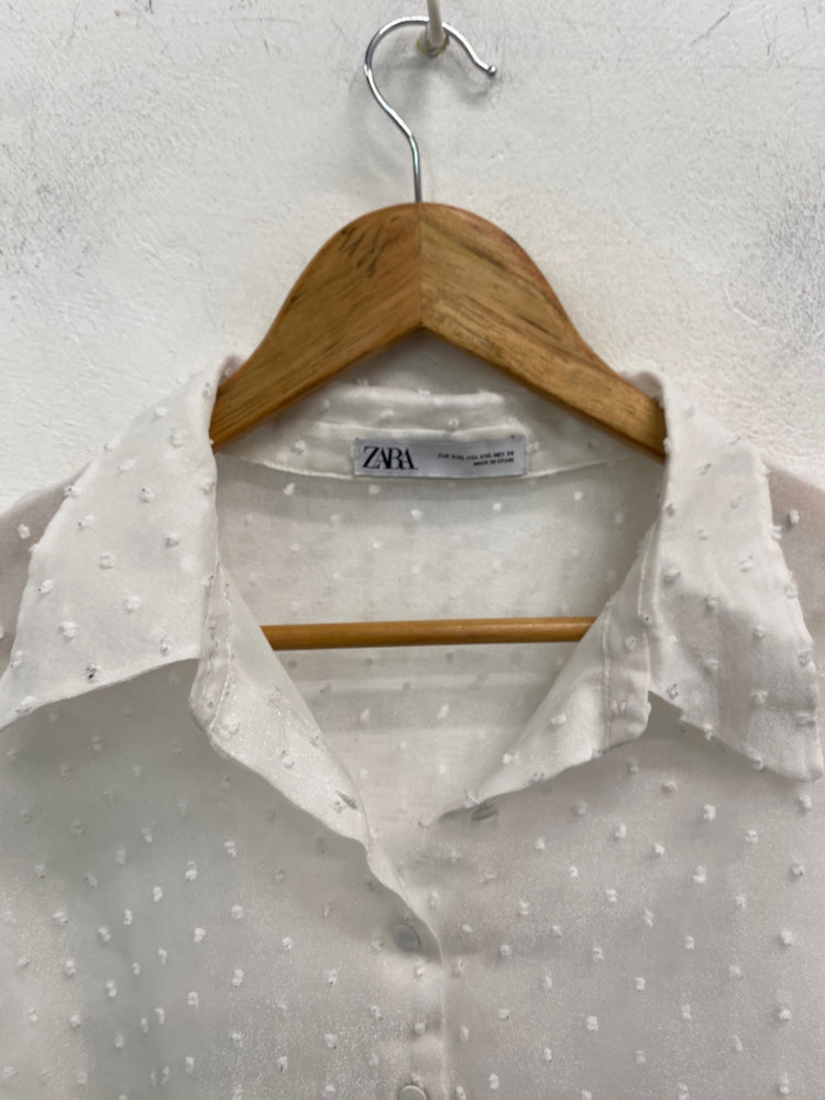 Gorgeous Zara Blouse UK XXL White spotted semi sheer DF001