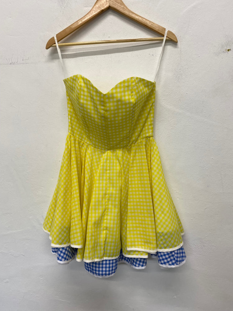 Gorgeous Jones & Jones Strapless party Dress Uk8 Yellow & Blue Gingham SL002
