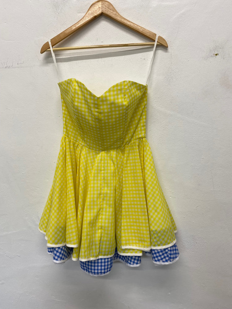Gorgeous Jones & Jones Strapless party Dress Uk8 Yellow & Blue Gingham SL002
