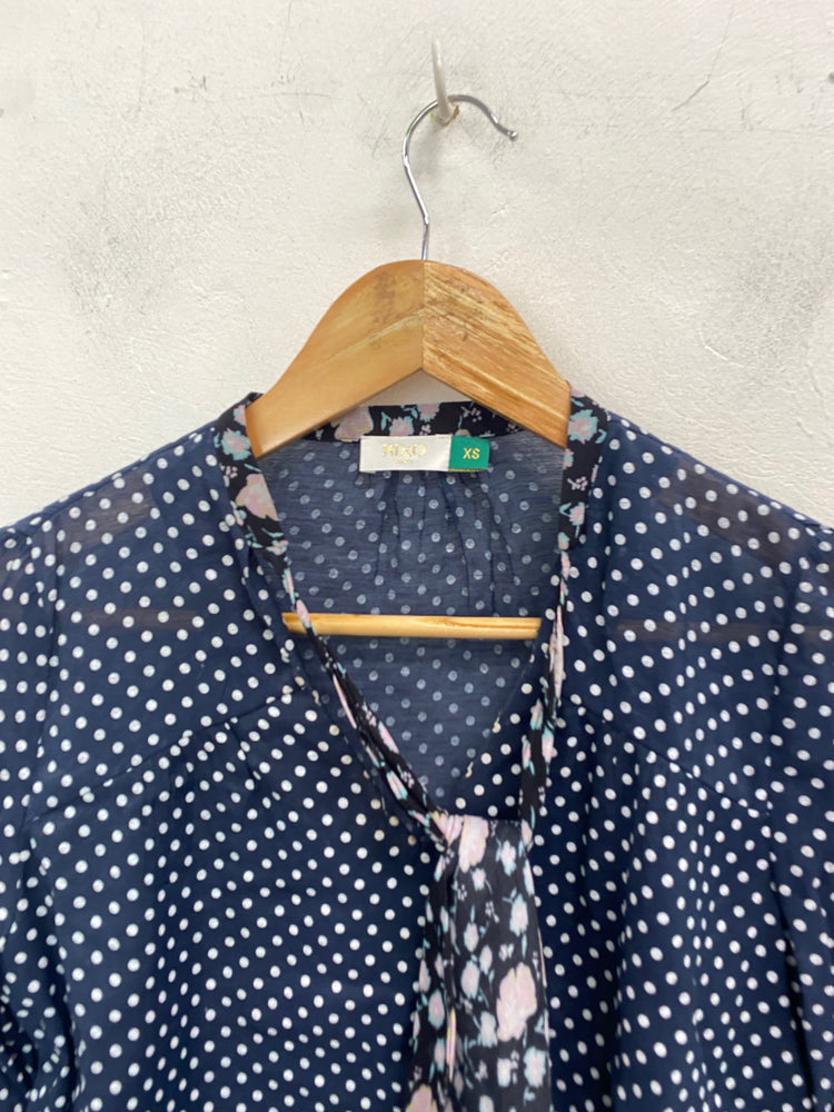 Gorgeous Rixo Blouse UK XS Navy spotted pussy bow LB006