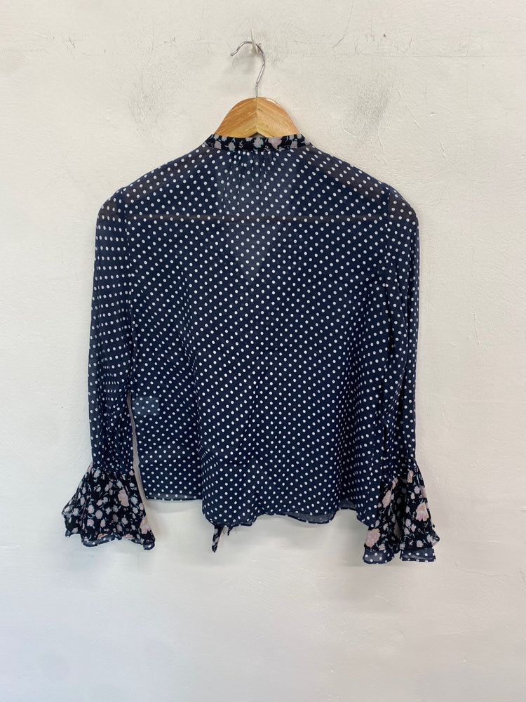 Gorgeous Rixo Blouse UK XS Navy spotted pussy bow LB006