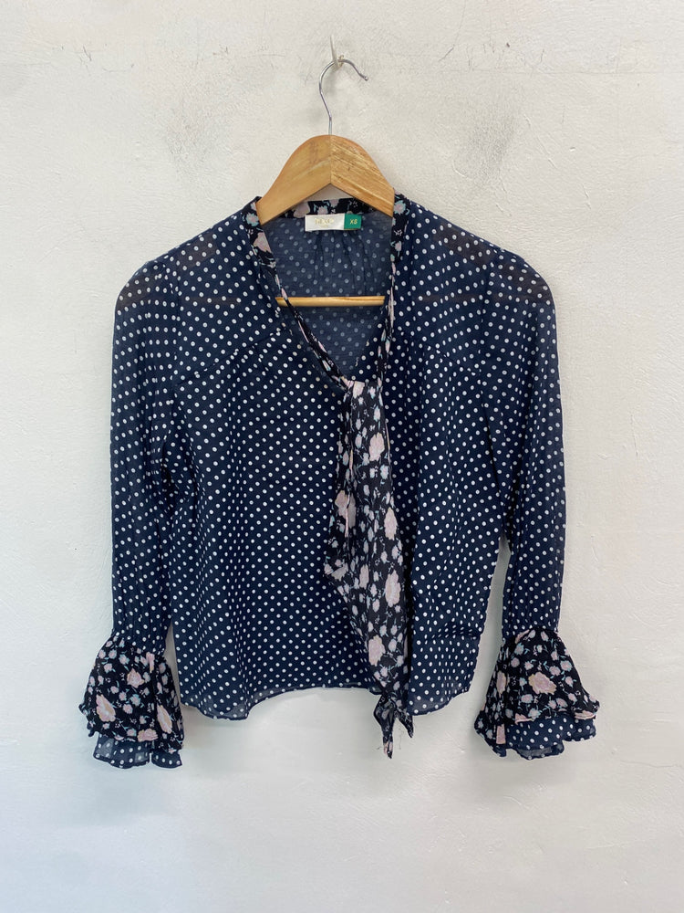 Gorgeous Rixo Blouse UK XS Navy spotted pussy bow LB006
