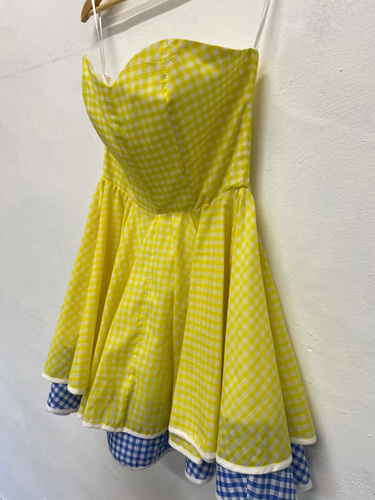 Gorgeous Jones & Jones Strapless party Dress Uk8 Yellow & Blue Gingham SL002