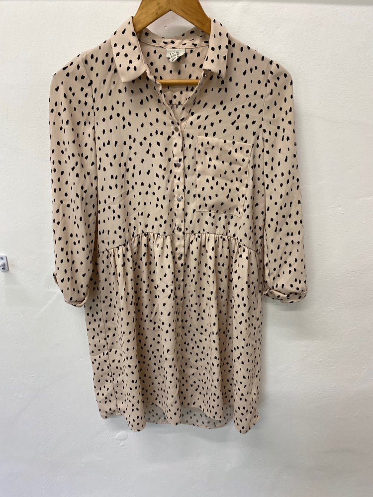 Gorgeous River Island Dress UK6 Beige smock black polka dots EK001