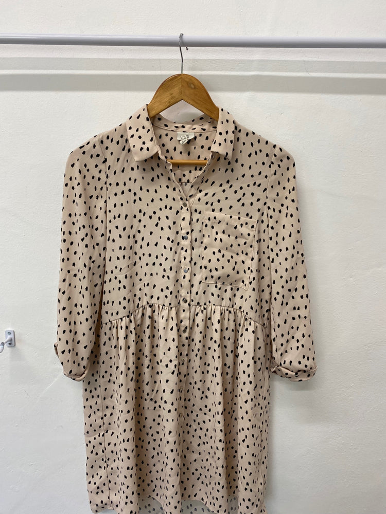 Gorgeous River Island Dress UK6 Beige smock black polka dots EK001